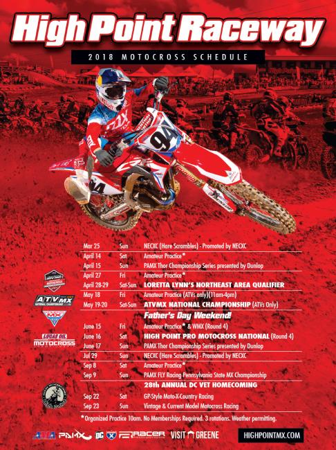 Click HERE to view the complete 2018 High Point MX Schedule online. 